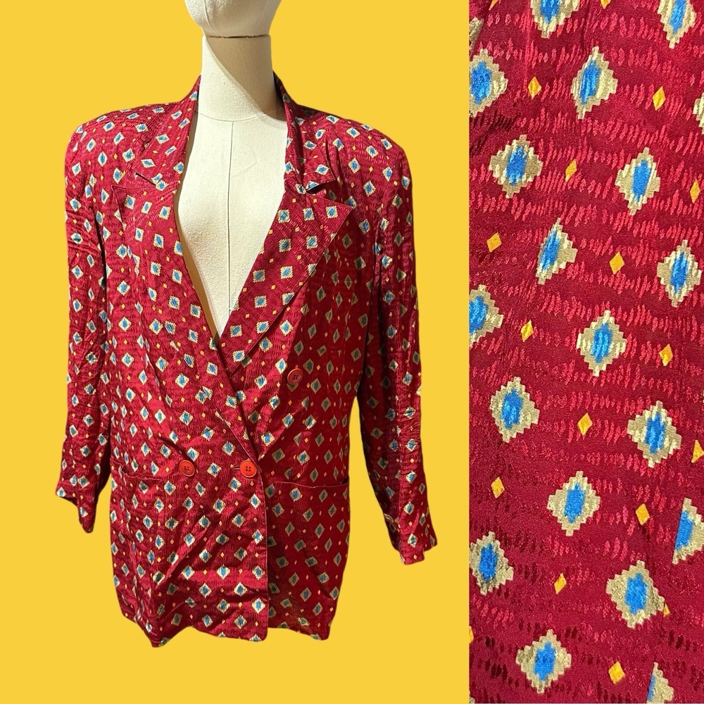 Vintage Anne Klein Silk Red Aztec 80s‎ luxury oversized Blazer Jacket Size M 10